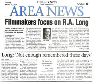 Newspaper clipping of Filmmakers focus on R. A. Long